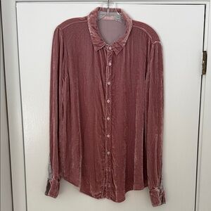 CP Shades Romy Velvet and Silk Button Down Shirt in Rose Pink